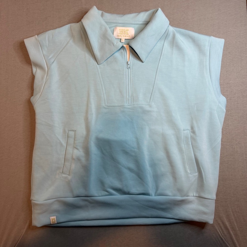 Simply Southern Ice Blue Sleeveless Quarter Zip Pullover Pockets XL NEW soft